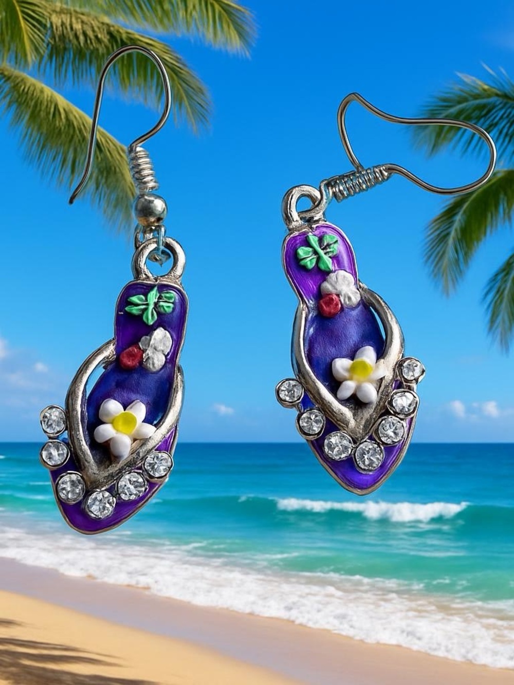 Purple Floral Flip-Flop Dangle Earrings
